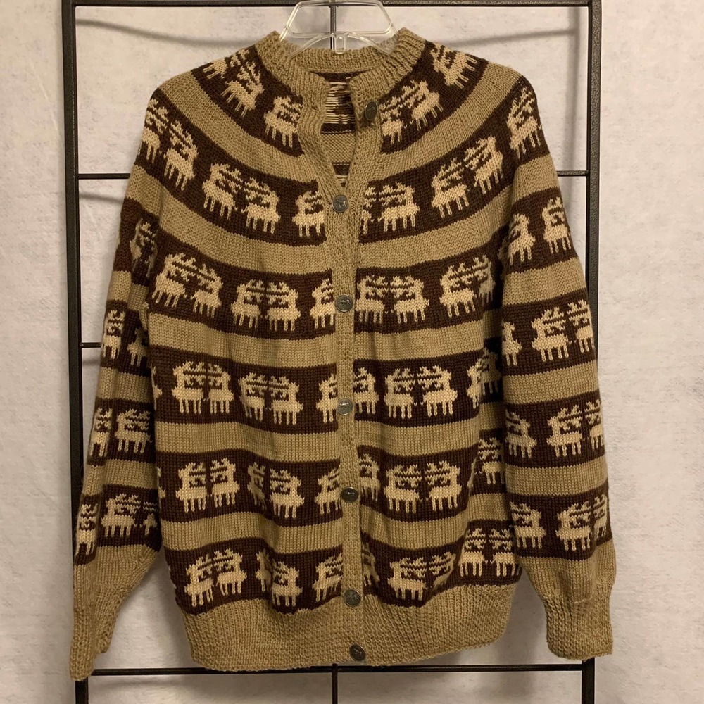 Cowichan Style Vintage Wool Button Down Sweater Moose‎ Design